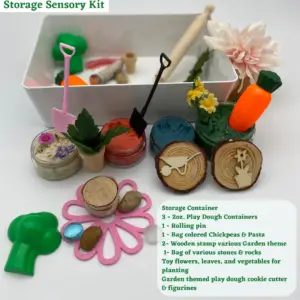 Storage sensory play kit with play dough, garden tools, and colorful fillers.