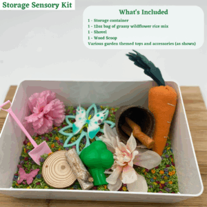 Storage sensory kit with colored rice, garden tools, and accessories.