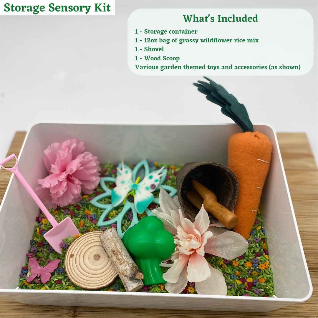 Storage sensory kit with colored rice, garden tools, and accessories.